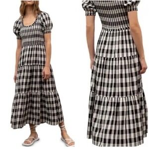 Moon River Women's‎ Maxi Dress Black White Gingham Smocked Puff Sleeve Medium